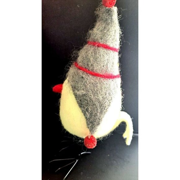 Felted Cream Colored Bird in Gray and Red Stripe Gnome Hat Black Wire Legs - Picture 2 of 7